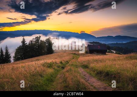 Erstaunliche Herbstlandschaft Landschaft mit nebligen Hügeln bei Sonnenuntergang, Siebenbürgen, Rumänien, Europa Stockfoto