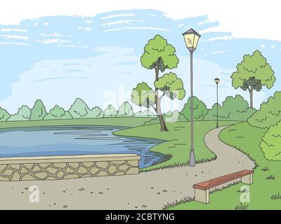 Park Fluss Grafik Farbe Landschaft Skizze Illustration Vektor Stock Vektor