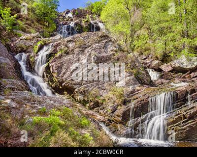 Rhiwargor Wasserfall oder Pistyll Rhyd-Y-meincau auf dem Fluss Eiddew über Lake Vyrnwy, Powys, Wales, Großbritannien. Stockfoto