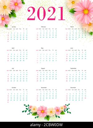 Kalender 2021 mit hellen Blumenmustern. Vorlage. Vektor Stock Vektor