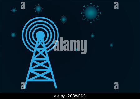 Konzeptuelle Vektordarstellung der Verbreitung von echten oder gefälschten Nachrichten über Covid-19. Telekommunikationsturm sendet Signale weltweit aus Stock Vektor