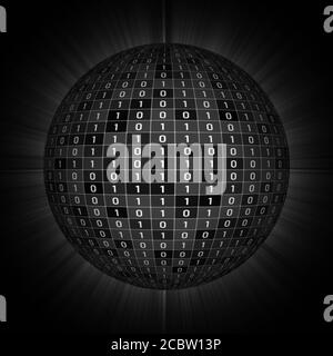 Kugel von zufälligen binären Zahlen isoliert auf schwarzem Hintergrund - Binärcode für digitale Daten im Sicherheitsgeschäftskonzept - 3D-Illustration Stockfoto