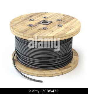 Draht Elektrokabel auf Holzspule oder Spule isoliert auf weißem Hintergrund. 3d-Illustration Stockfoto