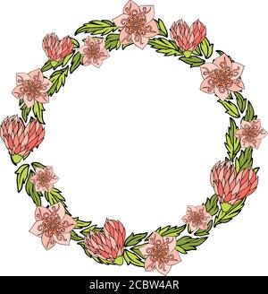 Schöner Kranz mit dekorativen rosa Blüten und Herzen auf weiß Hintergrund Stock Vektor