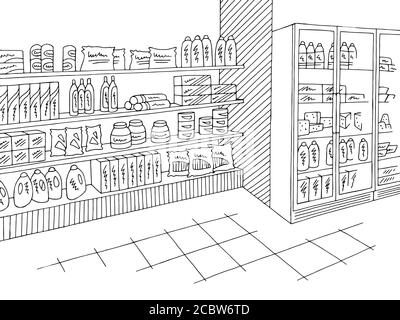 Lebensmittelgeschäft Shop Interieur schwarz weiß Grafik Skizze Illustration Vektor Stock Vektor