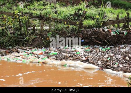 Müll sammelte sich in einer Flussbiegung des Bwindi-Tals im Westen Ugandas. Stockfoto