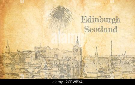 Feuerwerk über Edinburgh Castle, Schottland, Skizze auf altem Papier Stockfoto