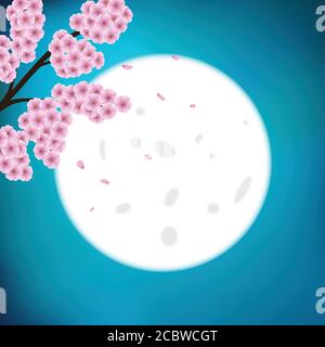 Heller Vollmond mit rosa Sakura blühenden Baum. Stock Vektor