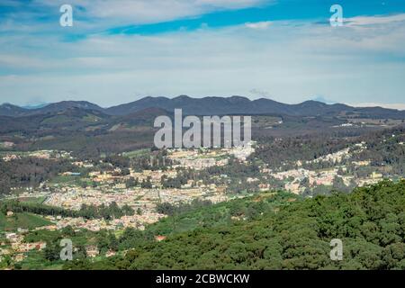 Stadtansicht mit Bergkette und hellblauen Himmel von der Hügelspitze am Tag Bild wird von doddabetta Gipfel ooty indien genommen. Es zeigt die Vogelperspektive Stockfoto