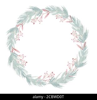 Aquarell Winter floral Tannenkranz. Frohe Weihnachten und ein glückliches neues Jahr Weihnachtsdekoration Karte Design. Handbemalte Baum Zweige Zusammensetzung Stockfoto