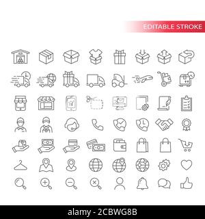 E-Commerce dünne Linie Vektor-Icon-Set. Online-Shopping, E-Commerce-Symbole. Speichern, Lieferwagen, Kurierumrisssymbole, bearbeitbarer Strich. Stock Vektor