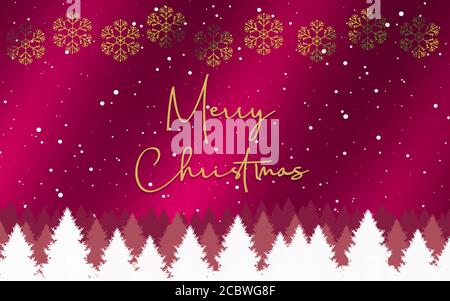 Titel: Frohe Weihnachten in Gold-Schrift auf einem karmesinroten Hintergrund mit goldenen Schneekristall-Ikonen und Kiefern am Boden Stockfoto