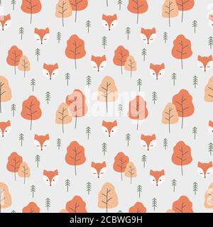 Red Fox Cartoon und Wald nahtlose Muster. Herbstmuster mit Fuchs und Bäumen, orange und rot. Stock Vektor