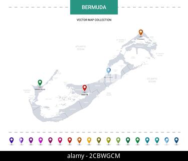 Bermuda-Karte mit Positionsmarkierungen. Infografik Vektorvorlage, isoliert auf weißem Hintergrund. Stock Vektor