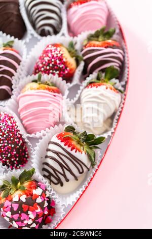 Verschiedene Erdbeeren mit Schokoladengetaucht in einer herzförmigen Schachtel. Stockfoto