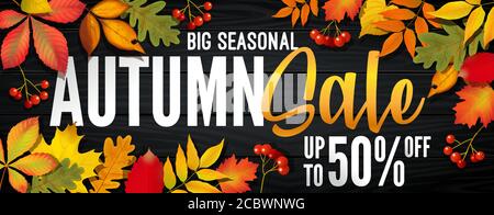 Werbebanner zum Herbstverkauf am Ende der Saison mit hellen Herbstblättern. Einladung zum Einkaufen mit 50 Prozent Rabatt. Trendiger Style, dunkelrot Stock Vektor