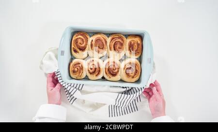 Flach liegend. Glasur frisch gebackene Zimtschnecken in einer blauen Backform. Stockfoto