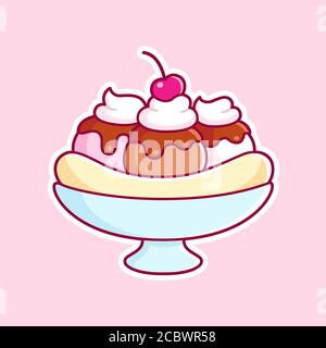 Cartoon Banane Split auf rosa Hintergrund. Gefrorenes Dessert mit Eis, Schokoladensirup und Schlagsahne. Niedliche Vektor Clip Art Illustration. Stock Vektor