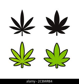 Cannabis Blatt Icon Set. Zwei Marihuana-Sorten, Indica und Sativa. Schwarz-weiße Silhouette und grüne Cartoon-Linie Symbole. Einfacher Symbolvektorclip Stock Vektor