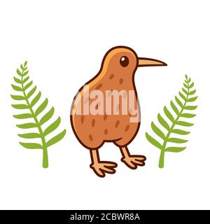 Niedliche Cartoon Kiwi Vogelzeichnung mit silbernen Farnblättern, nationales Symbol von Neuseeland. Isolierte Vektor-Clip Art-Illustration. Stock Vektor