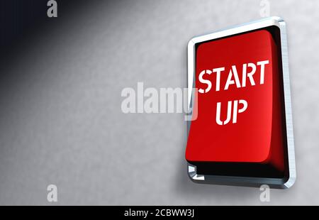 Roter Schalter mit Beschriftung „Start up“, Geschäftserfolg und Startup-Modell Stockfoto