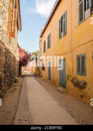 Goree, Senegal - Februar 2, 2019: Alltag und Straße mit Kopfsteinpflaster Straße zwischen Bunte Häuser auf der Insel Goree. Gorée. Dakar, Seneg Stockfoto