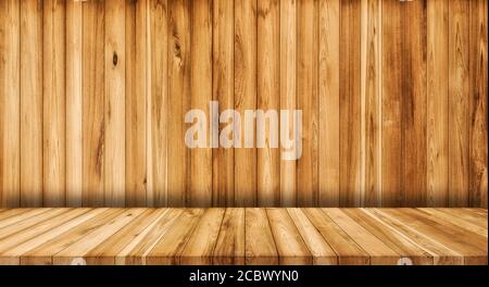 Leeres Zimmer mit Holzwand und Holzboden. Holzstruktur Hintergrund für Produktplatzierung oder Bearbeitung Ihres Produkts. Stockfoto