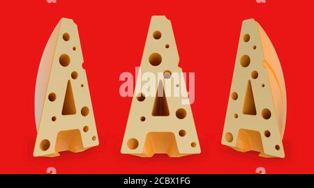 Großbuchstabe A. Großbuchstabe. Käse Alphabet und Schriftart. Satz von drei Blickpunkten auf Rot. 3D-Rendering Stockfoto