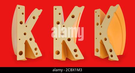 Großbuchstabe K. Großbuchstabe. Käse Alphabet und Schriftart. Satz von drei Blickpunkten auf Rot. 3D-Rendering Stockfoto