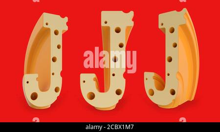 Großbuchstabe J. Großbuchstabe. Käse Alphabet und Schriftart. Satz von drei Blickpunkten auf Rot. 3D-Rendering Stockfoto