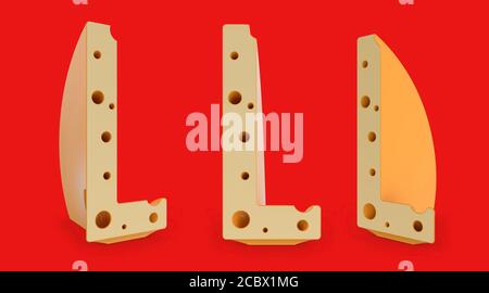 Großbuchstabe L. Großbuchstabe. Käse Alphabet und Schriftart. Satz von drei Blickpunkten auf Rot. 3D-Rendering Stockfoto