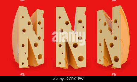 Großbuchstabe N. Großbuchstabe. Käse Alphabet und Schriftart. Satz von drei Blickpunkten auf Rot. 3D-Rendering Stockfoto