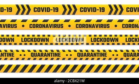 Quarantänestreifen, gelbes Band für Rand. Warnkordon für covid 19 Ausbruch, Coronavirus-Krankheit Stock Vektor