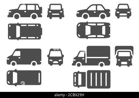 Ansicht von oben und von vorne. Fahrzeugprojektion, suv, Minibus und LKW Auto-Symbole für Web, ui-Design skizzieren Transport-Vektor-Set Stock Vektor