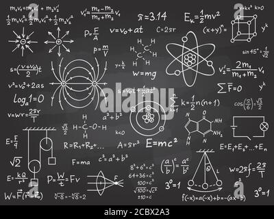 Wissenschaftliche Formeln. Mathematik und Physik Kalkül auf Klasse Tafel. Algebra und physikalische Wissenschaft handgeschriebene Vektor Bildung Konzept Stock Vektor