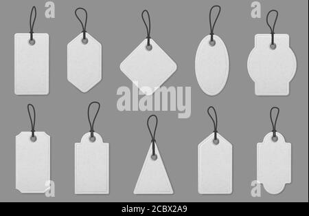 Preisschild-Karten. Realistische weiße Shopping-Etiketten mit Seilen, hängende Tags für die Kennzeichnung der Preisgestaltung, Vintage-Papier Label Mockup Vektor-Set Stock Vektor