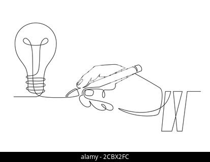 Glühbirne Idee. Skizze Hand mit Stift Zeichnung eine Linie Glühbirne, Erfindung oder kreative Denken Symbol. Neues Projekt, Brainstorming Vektor-Konzept Stock Vektor