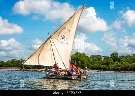 Dhow segelt durch den Makanda Kanal, Lamu Archipel, Kenia. Rote Mangroven entlang der Küste von Manda Island Stockfoto