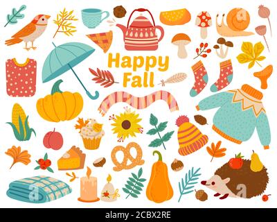 Herbstset. Cartoon gelbe Pflanzen, Lebensmittel und Waldtiere, Erntefest und Danksagung Tag Attribute für Karte, Poster Vektor-Set Stock Vektor