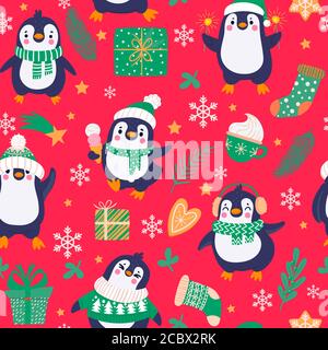 Pinguine nahtloses Muster. Cartoon niedliche Pinguine in Winterkleidung und Hüte, weihnachten arktische Tiere, kindische Textil-Vektor-Textur Stock Vektor