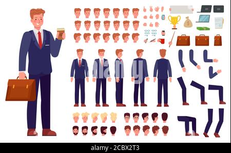 3rfsdf345wefCartoon Geschäftsmann Charakter Kit. Männliche Büroangestellte in Anzug mit Aktentasche und Körperteile, Gesichtsausdrücke für Animation Vektor-Set Stock Vektor