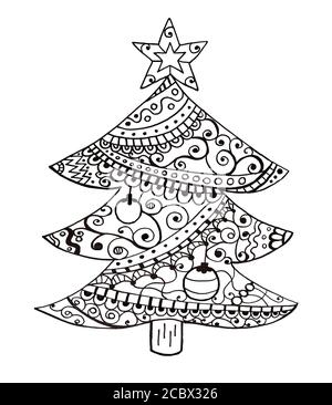 Weihnachtsbaum Hand gezeichnet Malbuch Muster. Schwarzes, ornamentales Weihnachtsartikel auf weißem Hintergrund. Weihnachten. Ungleichmäßige Linie Stockfoto