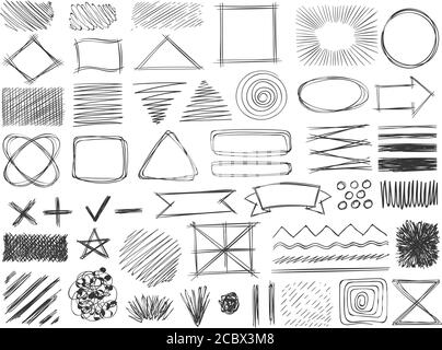 Skizzieren Sie Formen. Monochrome Scribble Symbole, Zeichnung Bleistift Rahmen, Kontur und Schatten, schraffierte schattierte Abzeichen rund und quadratische Form Vektor-Set Stock Vektor