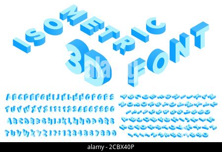Isometrische 3d-Schriftart. Perspektivische Buchstaben, Zahlen und Satzzeichen oder Symbole. Lateinisch abc Stock Vektor