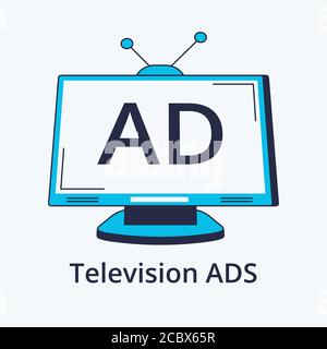 Konzept von TV-ANZEIGEN in flat line Design. Symbol im Trendstil. Moderne Vektorgrafik Stock Vektor