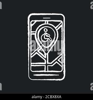 City Navigation App Kreide weißes Symbol auf schwarzem Hintergrund. Stadtplan-App für Rollstuhlfahrer. Navigation an öffentlichen Orten. Rollstuhlgerechte Strecken Stock Vektor