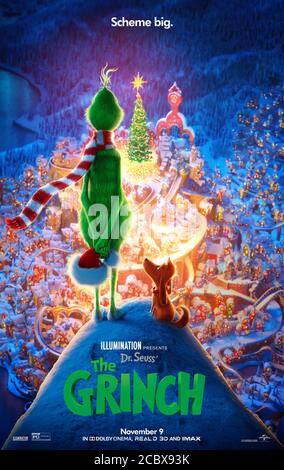 The Grinch (2018) unter der Regie von Yarrow Cheney und Scott Mosier mit Benedict Cumberbatch, Cameron Seely und Rashida Jones. Animierte Adaption von Dr. Seuss' klassischer Urlaubsgeschichte über eine mürrische Kreatur, die versucht, Weihnachten zu stehlen. Stockfoto