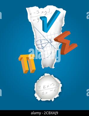Ausrufezeichen mit mathematischen Symbolen. Mathematik-Symbole im Ausrufezeichen auf dem blauen Hintergrund. Vektorgrafik. Stock Vektor