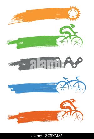 Fahrradfahrer und Fahrradkomponenten Symbole mit Pinselstrich. Illustration von Radsport-Icons mit expressiver Pinselstrich als Ort für Ihren Text. Stock Vektor