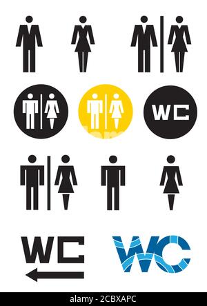 WC-Symbole, WC-Symbol männlich und weiblich WC-Zeichen. Set von schwarzen und colorfulicons für Toilette auf weißem Hintergrund.Vektor verfügbar. Stock Vektor